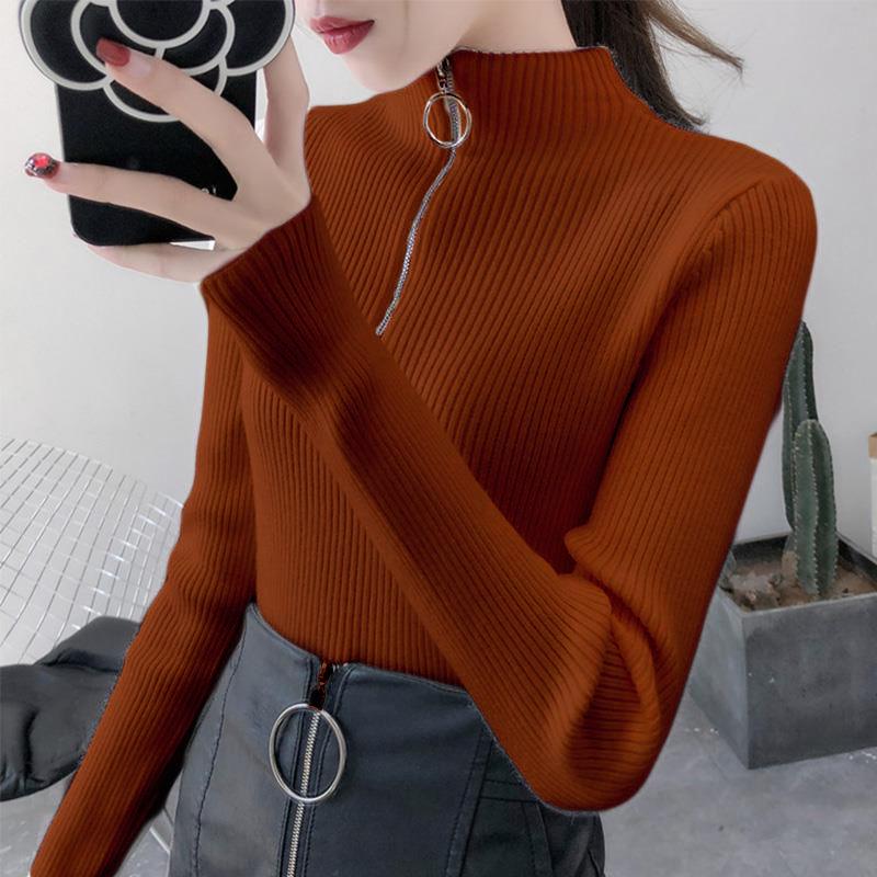 Zipper Turtleneck Women Sweater Solid 2019 Winter Fashion Sweater Ladies Slim Sexy Knitted Pullovers