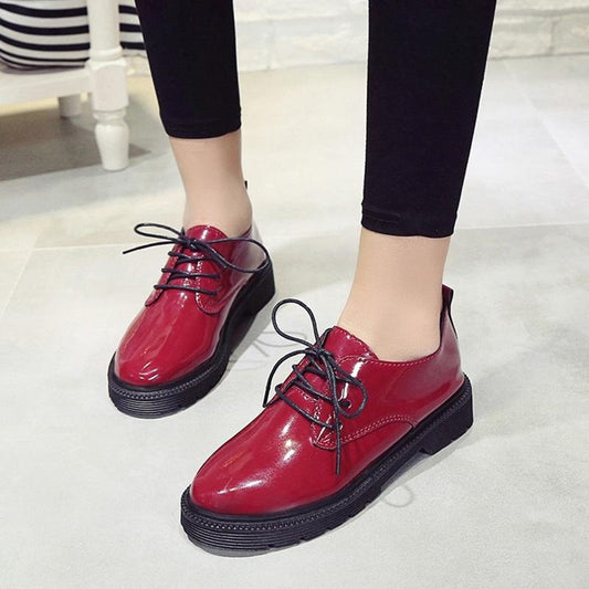 Small Leather Shoes Women's Patent Leather Thick Heel Lace-up Vintage British Round Toe Mid-heel Shoes Light and Soft