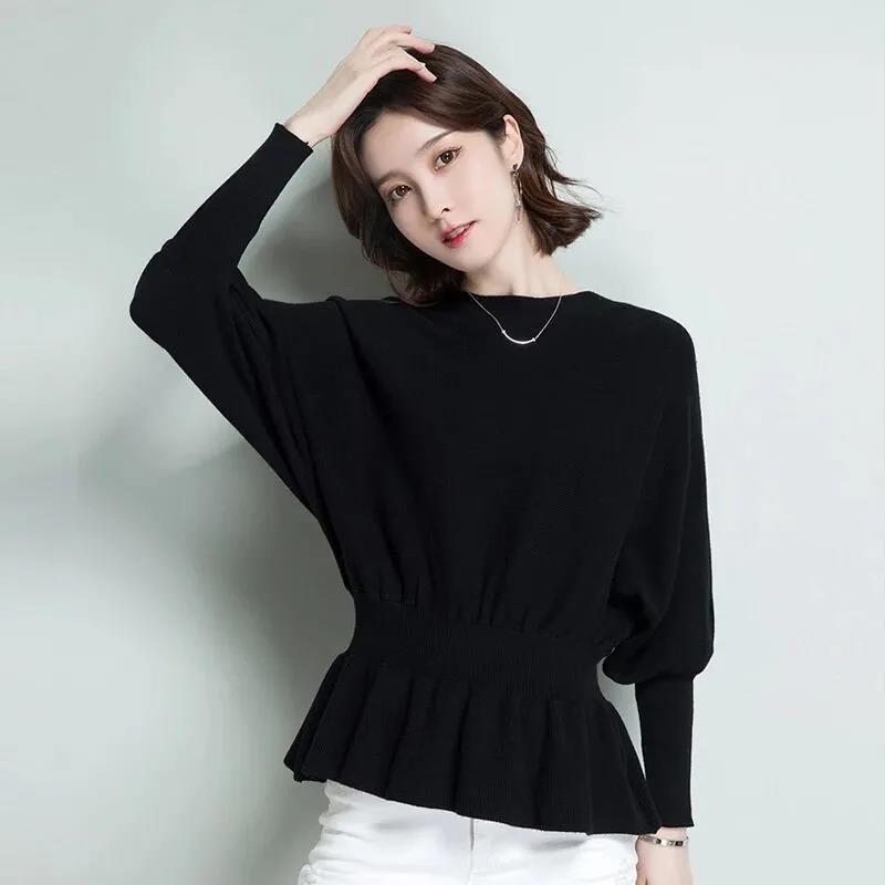 Spring and Autumn Sweater Women's Korean Style Loose Neck Undershirt Pullover Slim Knitted Bat Tops