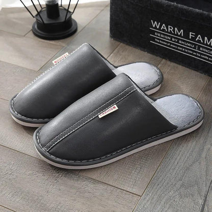 Women Winter Slippers Leather Waterproof Thick Warm Slipper Home Indoor Non Slip Mens Slides Plus Size