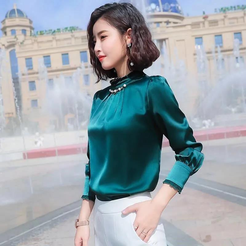 Women's Satin Long Sleeve Shirt Slim Top Workwear Loose Plus Size Shirt