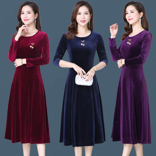 Dress Round Neck Gold Velvet Women's Mid-length Slim Fit Covering Belly Plus Size Mother Skirt Women's Clothing