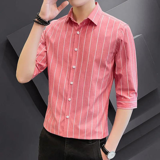 Summer Striped Shirt Men's Trend Handsome All-match Three-quarter Sleeve Men's Shirt Short-sleeved Sleeve Shirt