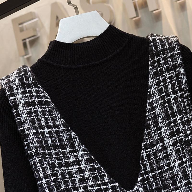 Knit Sweater Small Fragrant Wind Woolen Mid-length Vest Dress Suit Ladies A-line Waist Sweater Dress Warm and Comfortable