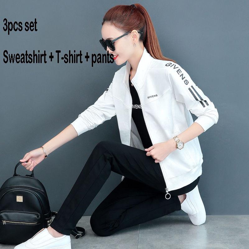 Long-sleeved casual sweatshirt set large size spring and autumn women's 3pcs set wild