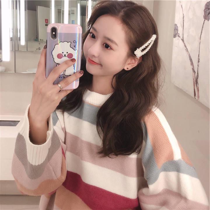 Pofulove Loose Pullover Sweater Women Autumn  Winter Cute Colored Striped Knitted Sweater Student