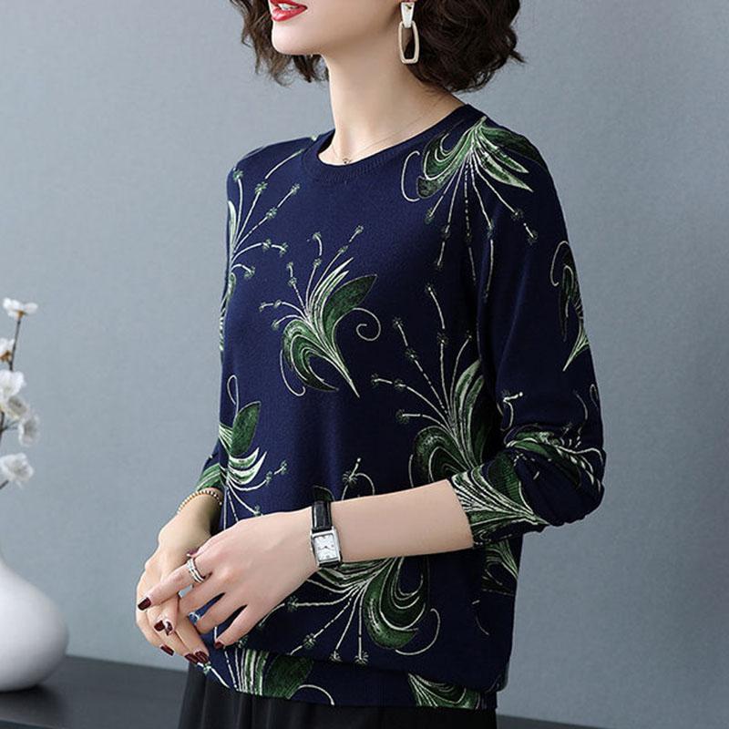 Women Winter Fall  Vintage Ethnic Style Woolen Sweater Floral Printed Long Sleeve O-neck Knitted Sweaters Lady  Casual Jumper Tops