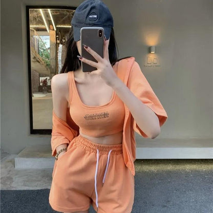 3PCS Casual Sports Suit Ladies Summer Zip Cardigan + Vest + Wide Leg Shorts Three-piece Set Tracksuits Jogging Suits Girls Athletic Clothing