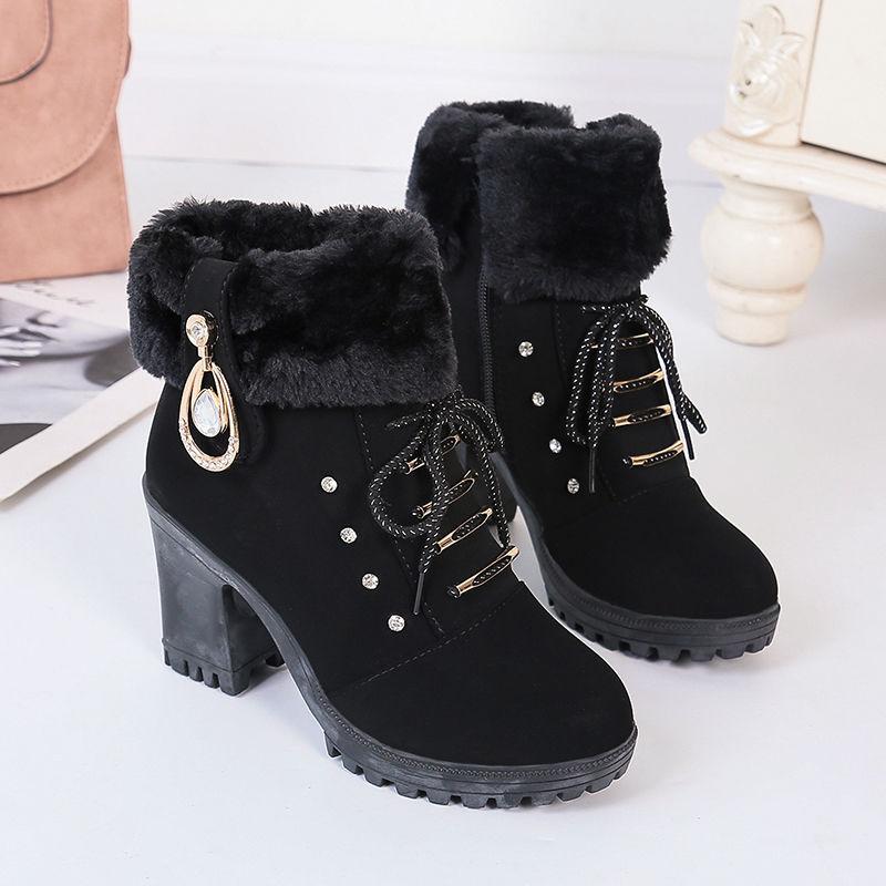 Plus Velvet Women's Boots 2021 Autumn Winter Martin Boots Female British Style High-heeled Short Boots Thick Heel Side Zipper