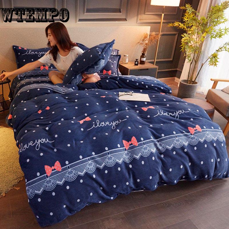 New 4pcs Crystal Flannel Bedding Set Winter Warm Fleece Duvet Cover Set Bed Sheet Bed Linen