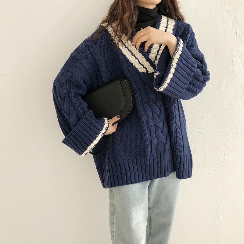 Color-blocking Thickened V-neck Sweater Women's Autumn and Winter College Style Loose Wild Retro Twist Knit Jacket Ladies Warm Top