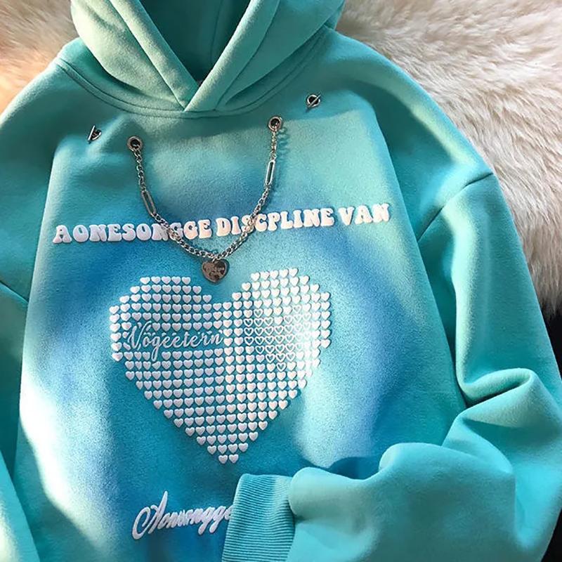 Hoodies for Women Heart Letter Printed Hooded Sweatshirts with Chain Oversized Streetwear Harajuku Pullover Tops Autumn Winter Fashion Women Clothes