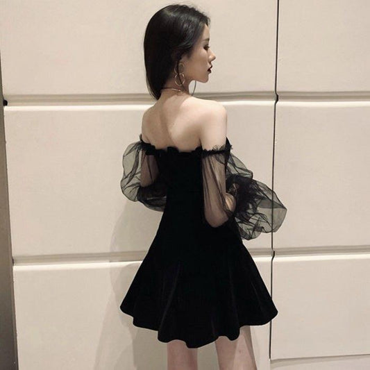 Sexy Woman Velvet Net Yarn Lantern Sleeve Tube Top Dress A-line Skirt Long Sleeve Hollow Out Bare Shoulders Nightclub Bar Wedding Party