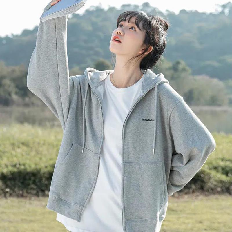 Spring and Autumn Gray Hooded Cardigan Sweater Women Korean Sports Loose All-match Casual Jacket