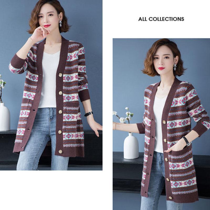 Autumn and Winter Long-sleeved Cardigan Sweater Loose-fitting Outer Wear Mid-length Jacket Jacquard Knitted Female Jacket