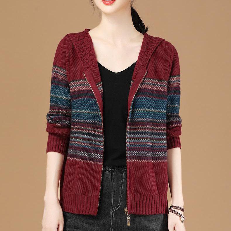 Women's Striped Hooded Knitted Cardigan Autumn Long Sleeve Zipper Cardigan Large Size Loose Short Sweater Coat