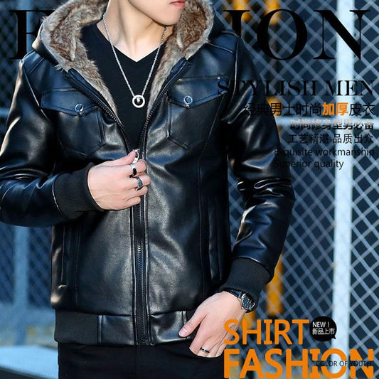 Men's Leather Jacket Winter Plus Velvet Thickening Korean Style Trendy Handsome Slim Men's Leather Jacket