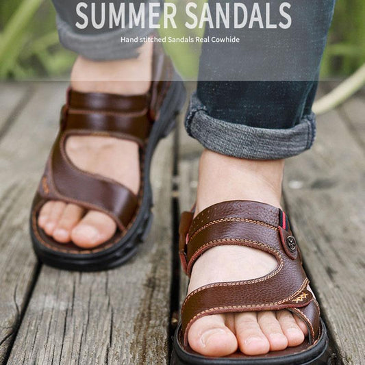 Sandals Men's New Summer Breathable Cowhide Beach Shoes Soft Sole Casual Wear Leather Dual-use Popular Sandals and Slippers