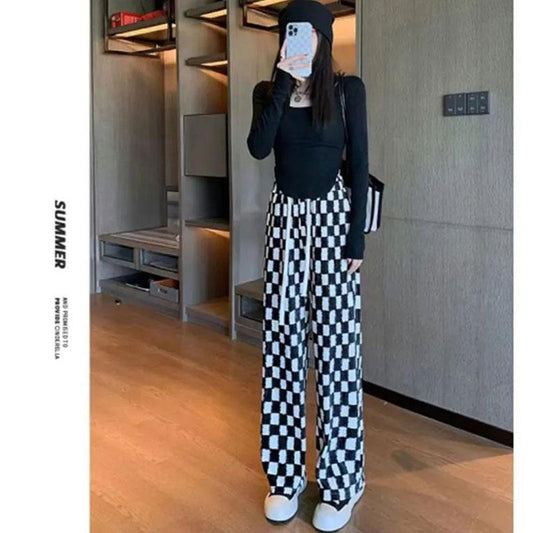 Women's Checkerboard Wide-leg Pants Autumn High-waisted Casual Straight-leg Pants Drawstring Walking Black and White Lattice Ladies Pants