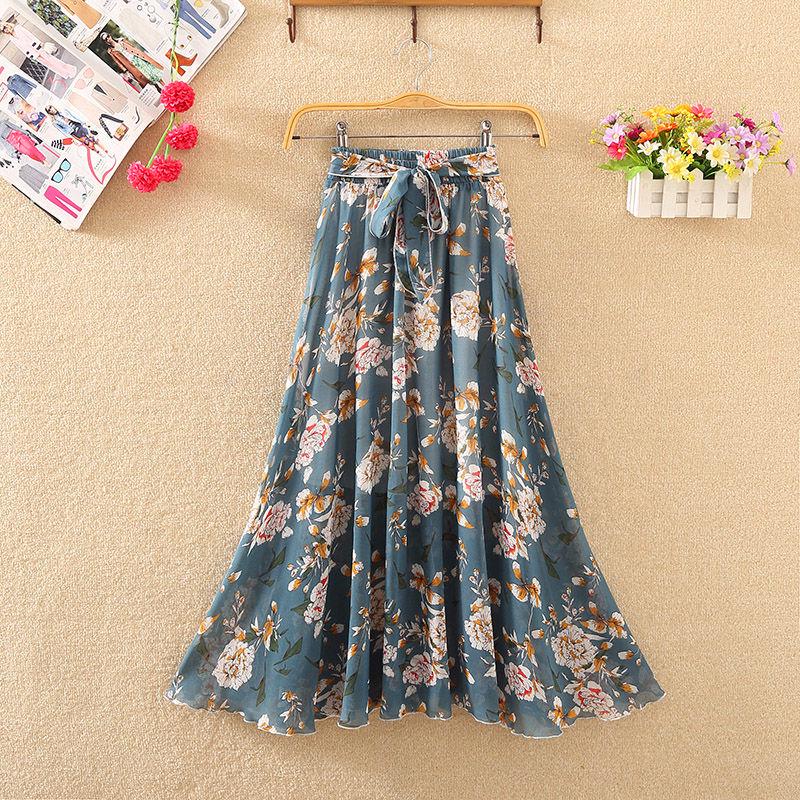 Floral Chiffon Floral Long Skirt Summer High Waist Loose A-line Skirt Half-length Skirt Female Summer Mid-length Skirt Fabric Light and Breathable