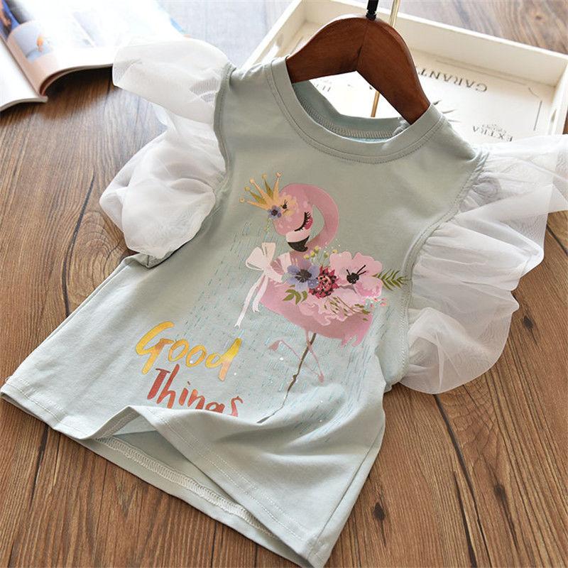 Girls Animal Print T Shirt Girl Tee Clothes Children Cartoon Top Kids Korean Style Solid Color Breathable Flamingo Loose T-shirt For Girl