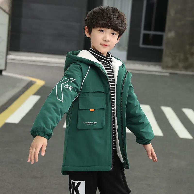 Children's Clothing Boys' Jacket Winter Clothing Plus Velvet Big Children's Thickening Mid-length Windbreaker Trendy Fashion Warm Cotton Clothing