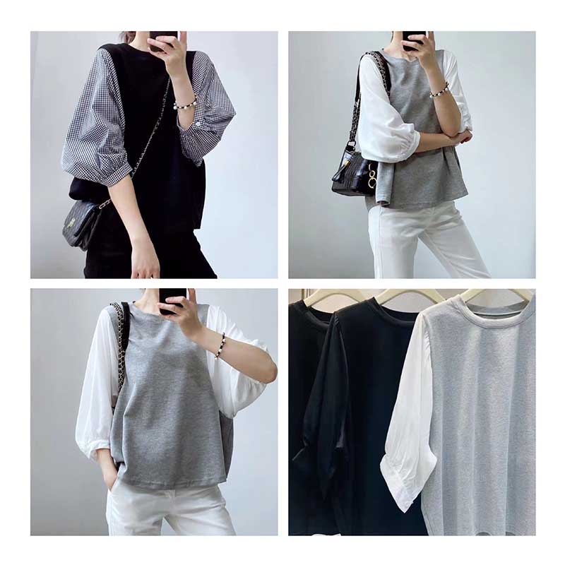 Outer Wear Single Shirt Fake Two Pieces Stitching Spring and Summer Design Loose T-shirt Ladies Long Sleeves