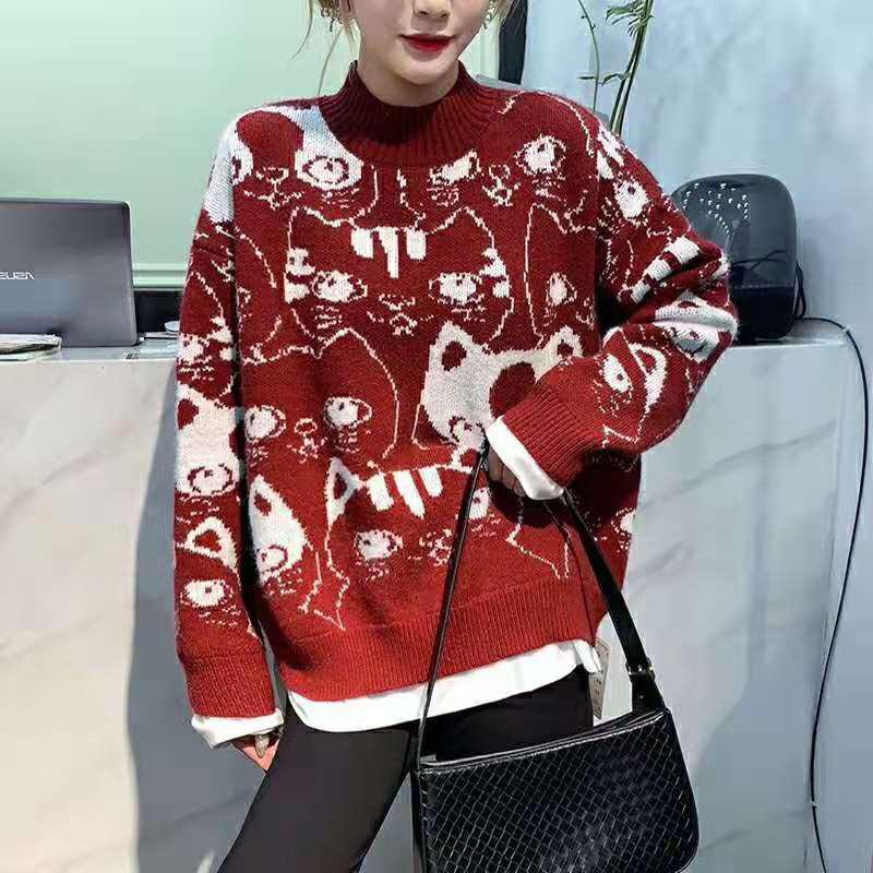 Autumn Winter  Women Fashion Sweater Casual Knitting Sweater Print Round Neck Pullovers Loose Casual Long Sleeve Sweater