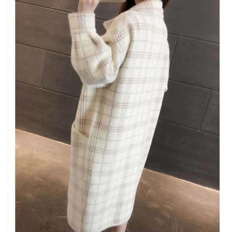 Spring and Autumn Mid-length Plaid Imitation Mink Velvet Coat Women Loose Thick Knit Sweater Coat Women