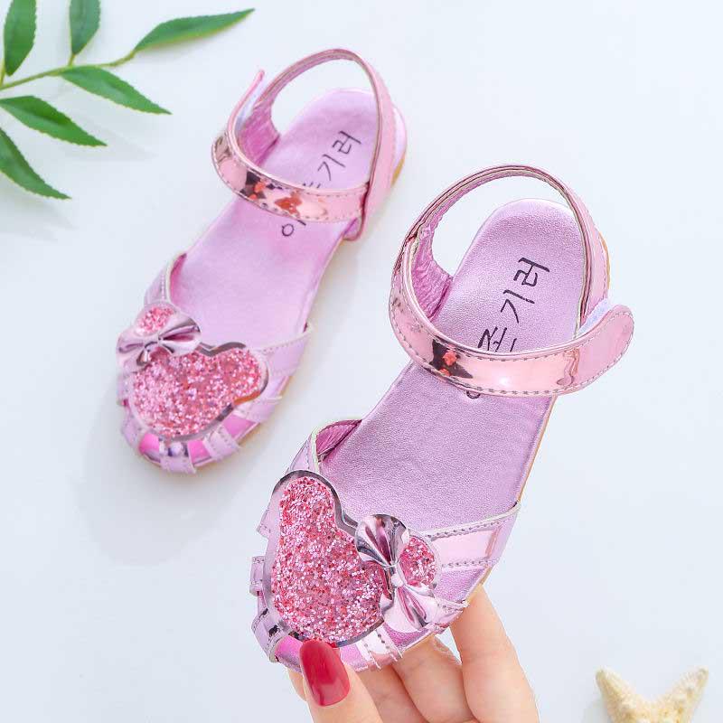 Summer Girls Flat Sandals Flash Children Girls High Heels Bow Leather Shoes Kids Dance Shoes Princess Wear-resistant Non-slip Sandals Size 21-36