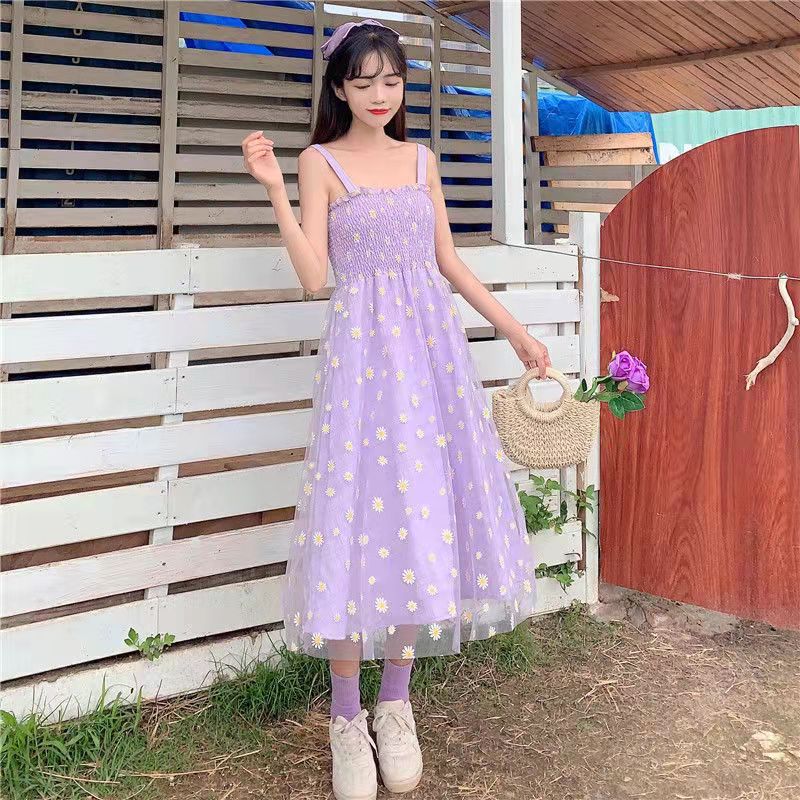 Daisy Mesh Yarn Spaghetti Strap Dress Women Summer French Style Pleated Slim Wasit Retro Sweet Dresses