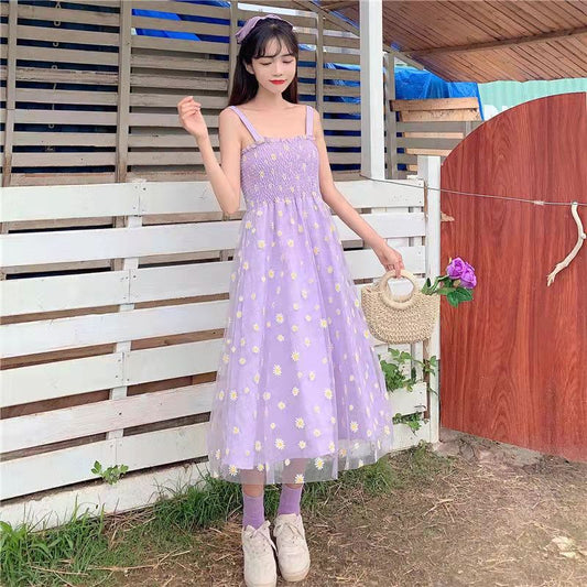 Daisy Mesh Yarn Spaghetti Strap Dress Women Summer French Style Pleated Slim Wasit Retro Sweet Dresses