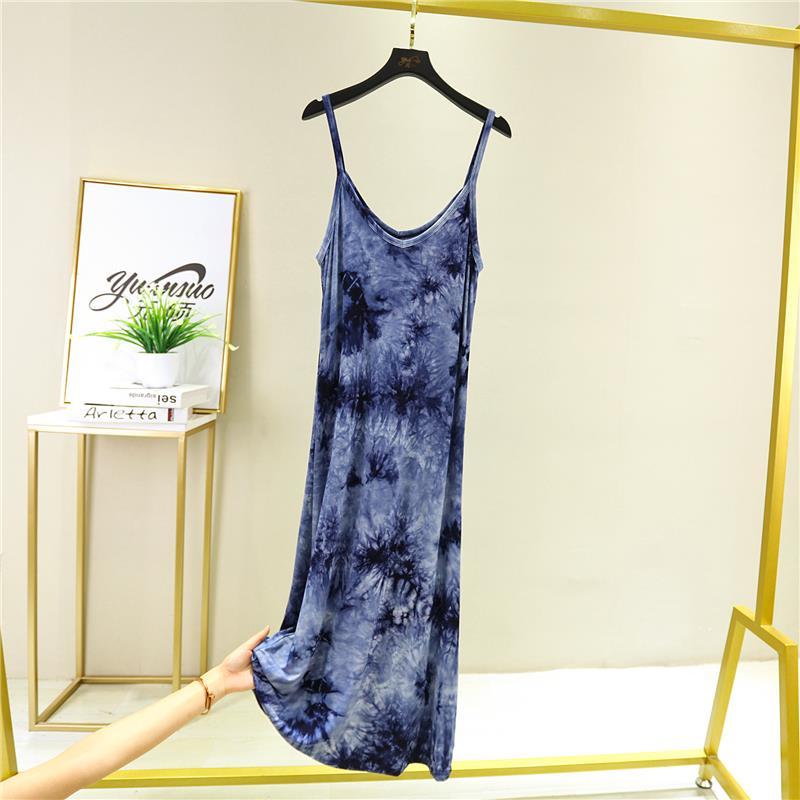 Female Thin Simple Suspender Modal Fiber Tie Dyed Sleeve Less A-line Waistcoat and Long Dress