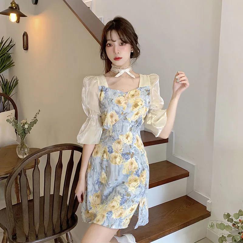 Female Vintage High Waist Super Fairy Holiday Dress Elegant Slim Floral Print Pleated Split Dress