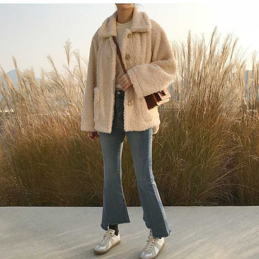 Autumn Winter Women Faux Fur Thick Coat Warm Soft Loose Fur Jacket Female Korean Fashion Outerwear Button Plush Ladies Casual Overcoat