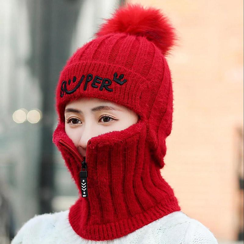 Winter Knitted Hat and Bib One-piece Korean Version Plus Velvet One-piece Woolen Hat Riding Windproof Ear Protection Warm Hat