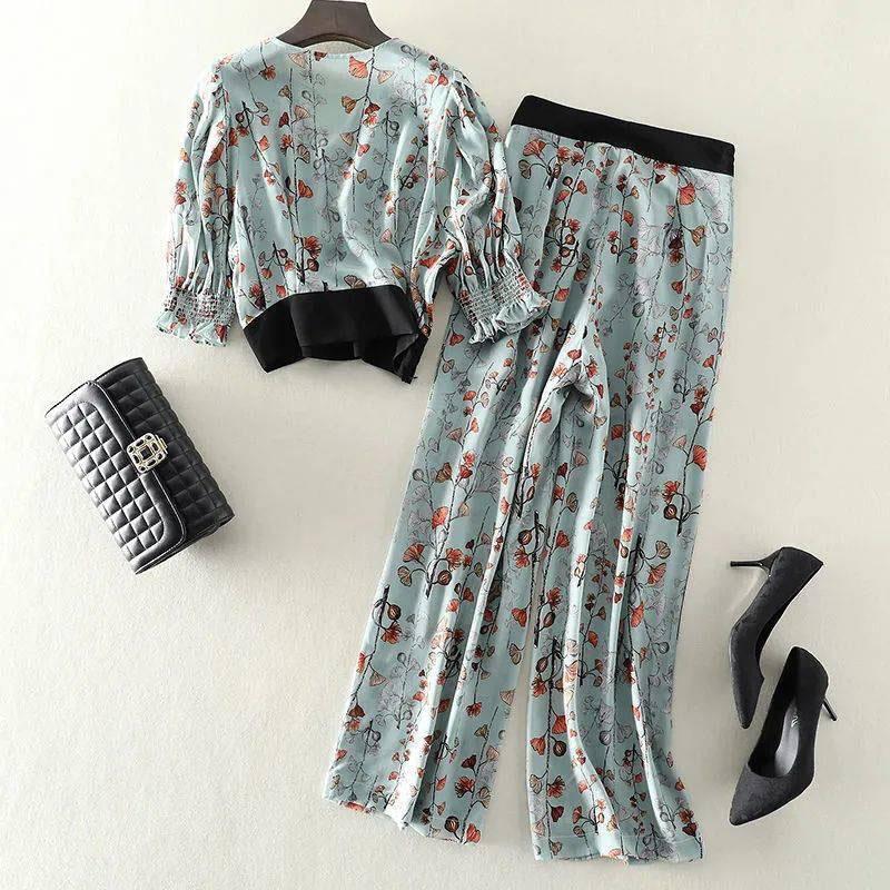 2PCS Women's Summer Suit Korean Version Loose Mother's Wide-leg Pants Two-piece Loose Cool Suit Ladies Floral Casual Sets