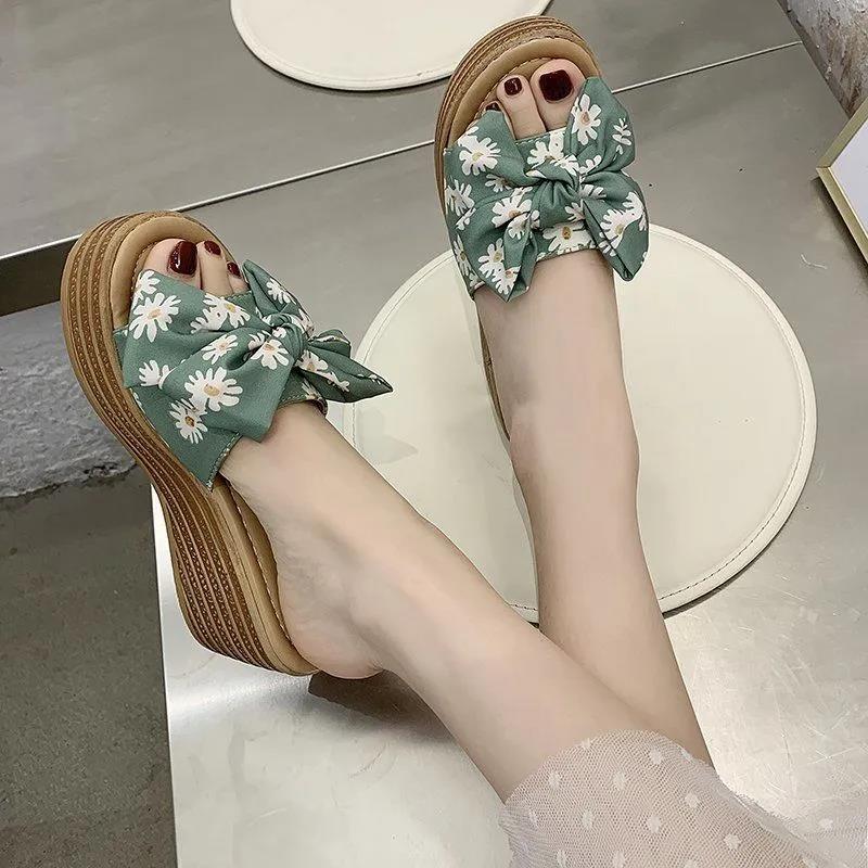 High-heeled Thick-soled Slippers Women's Summer One-word Thongs Are Thin and Heightened Bow Beach Sandals and Slippers