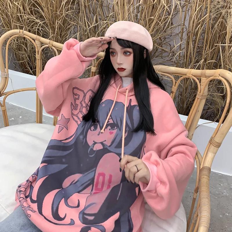 Anime Sweatshirts Hoodies Women Oversized Fashion Printed Streetwear Hip Hop Harajuku Pullovers Pink Girl Pattern Plus Size Loose Hooded Tops Women