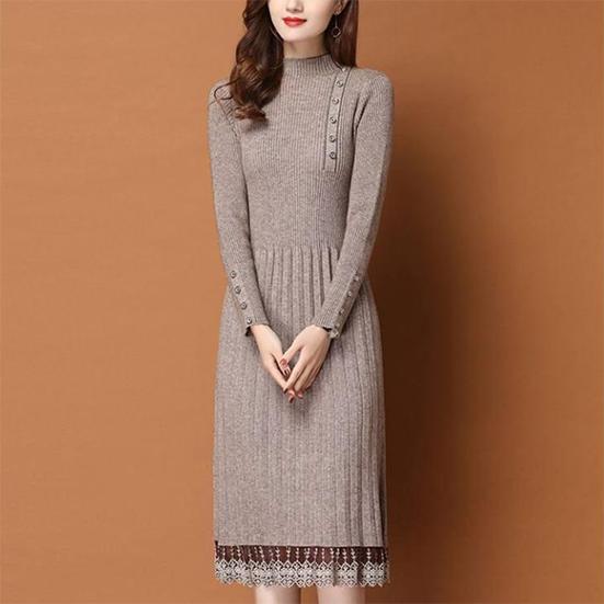 Women's Pullover Thickened Half High Collar Bottoming Knitted Dress Autumn and Winter Solid Color Mid-length Knitted Dress