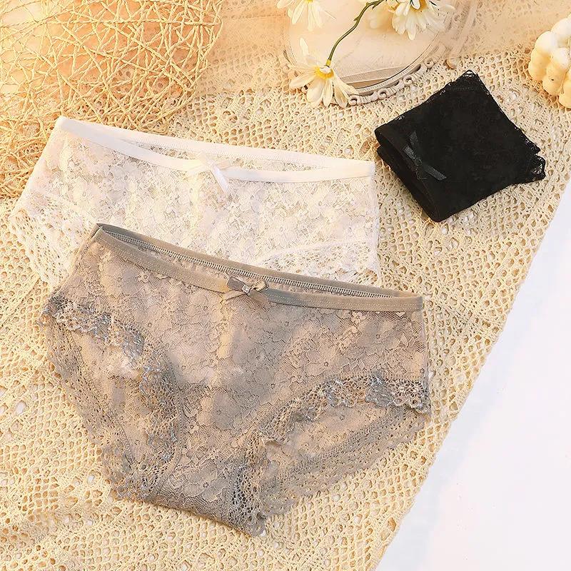 3Pcs/Set Women's Spring Summer Large Size Causal Soft Briefs Low Waist Solid Color Seamless Lace Cotton Panties