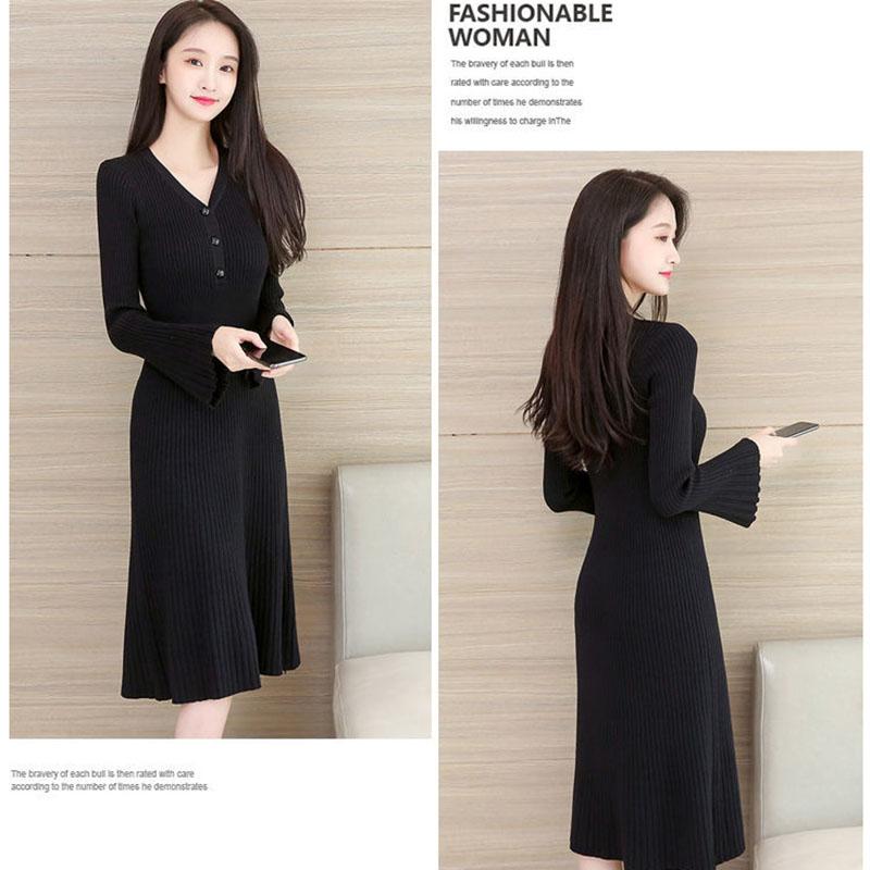 Autumn and Winter V-neck Knitted Dress Thick Flared Sleeve Tight-fitting Base Dress Mid-length Over The Knee Women's Sweater Dress