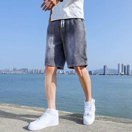 Men's Thin Breathable Cool Pants Summer Loose Straight Shorts Men's Versatile Pockets Waist Drawstring Five Points Jeans