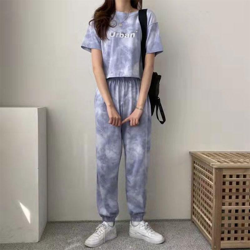 2PCS Women's Casual Suit Summer Korean Version Loose Tie-dye Sportswear Fitness Suit Two-piece Short-sleeved T-shirt Wide-leg Trousers Suit