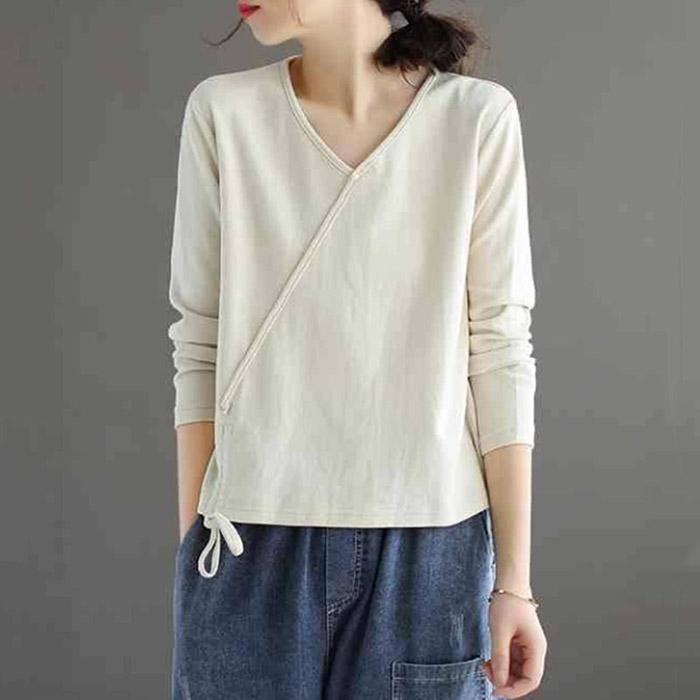 Cotton Solid Color V-Neck T-Shirt Ladies Spring Summer Hem Drawstring Loose Casual Long Sleeve Vintage Top