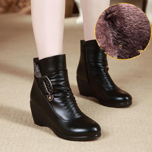 Winter Mother's Cotton Shoes Short Boots Non-slip Ladies Plus Velvet To Keep Warm Middle-heeled Middle-aged and Elderly Women's Shoes