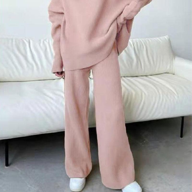 2PCS Long Sleeve Sweater Wide Leg Pants Trousers Loose Turtleneck Knit Sweater Casual Two Piece Sweater Set Solid Color Sweat Suits For Women