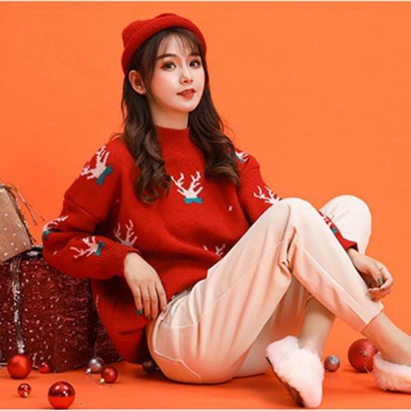 Pofulove Red Half Turtleneck Sweater Lovely Elk Christmas Loose Sweater Long-sleeved Autumn Winter