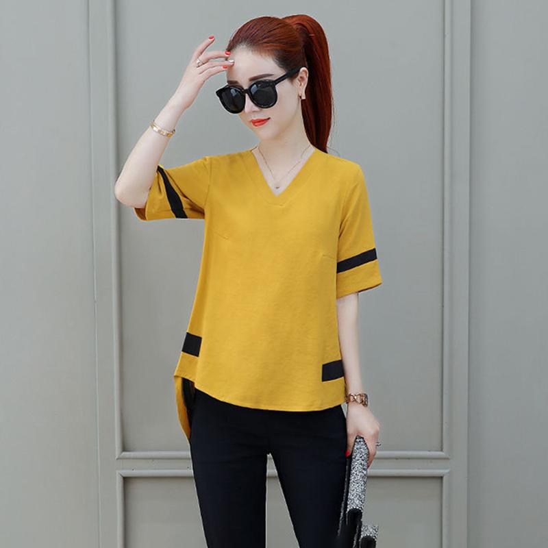 Women's Temperament Slim and Thin Hit Color T-shirt Shorts Chiffon Suit Two-piece V-neck Loose Top Cover Belly and Thin Ladies Temperament Suit