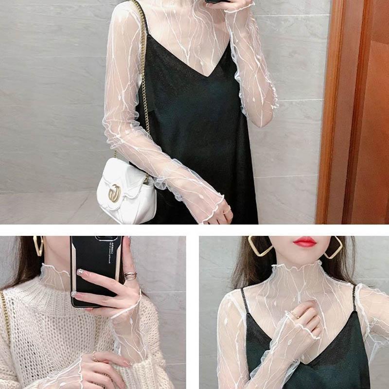 Fashion Western-style Bottoming Shirt Spring and Autumn Lace Mesh Gauze Lined with Gauze Slim Sexy See-through Top